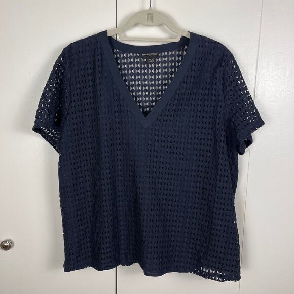 Banana Republic Navy Blue Shirt Top XL VNeck Blouse Mesh Short Sleeve - Picture 2 of 7
